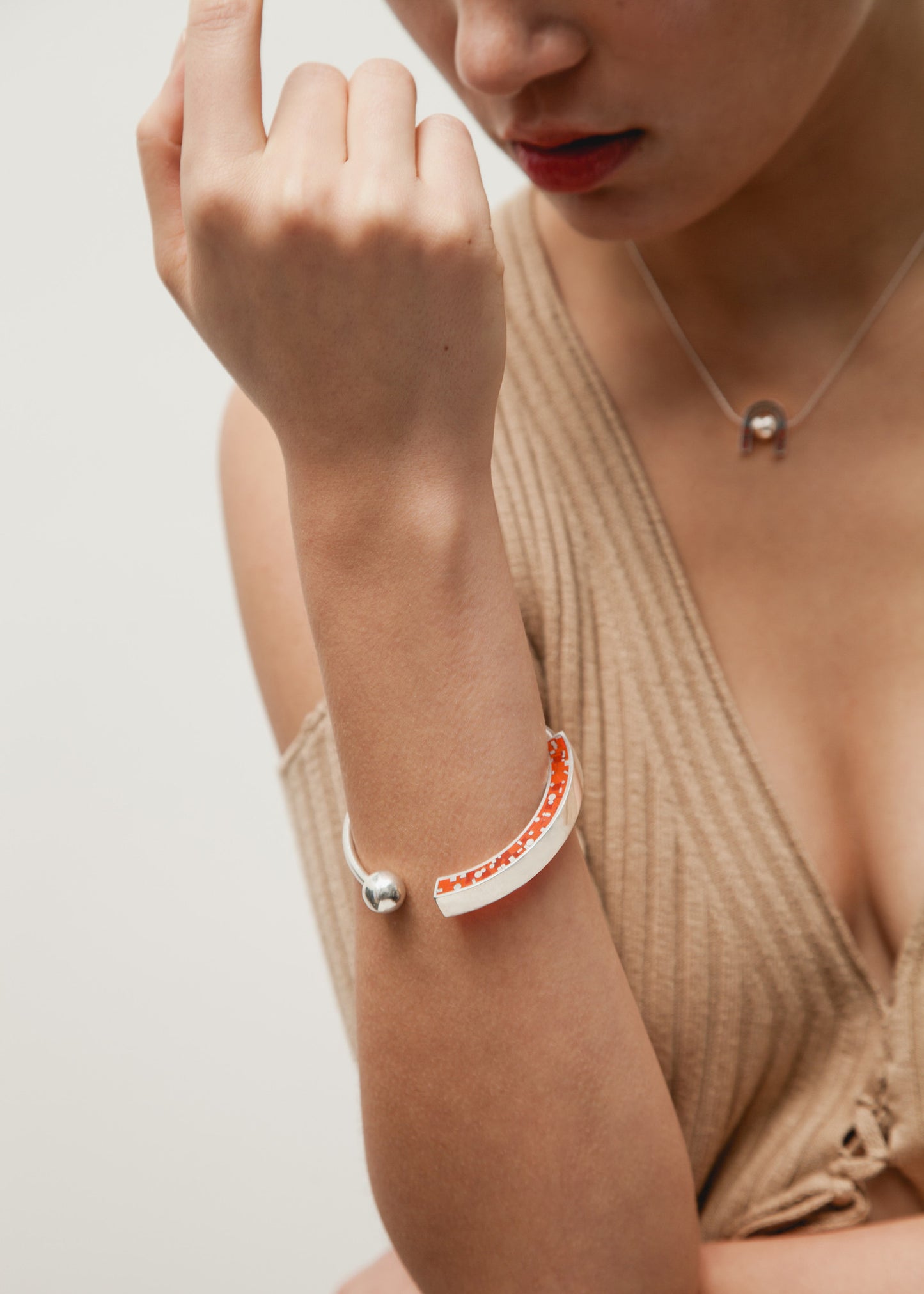 Cynthia Bangle - Mosaic Inlay - Silver/ Red