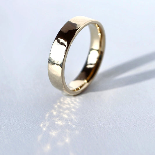 Flat Comfort-Fit Band Ring • Hammered Texture • 14K Gold •