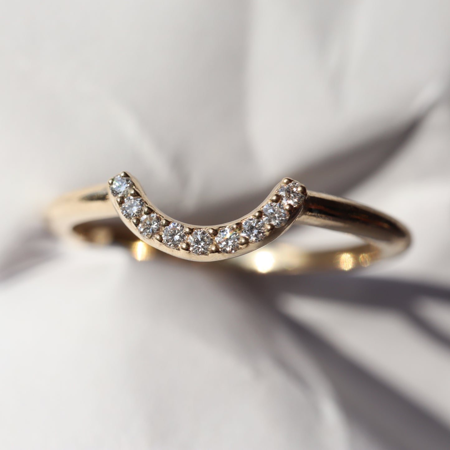 9 bright diamonds set in 14k yellow gold, contour wedding band, handmade ring, sparkling diamonds
