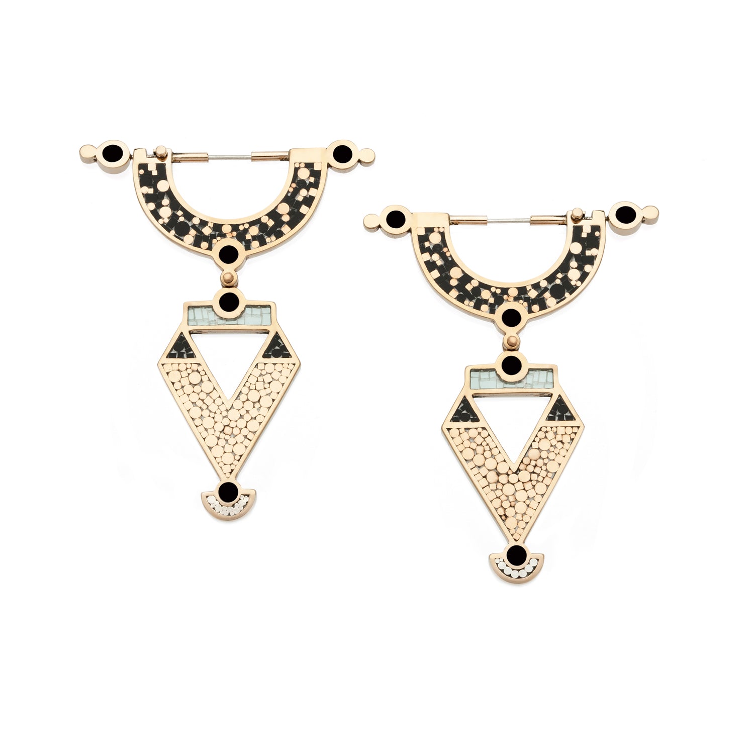 Stunning, geometric inlay statement earrings. handmade earrings made in vancouver. Golden Age Earrings, Erica Leal Jewellery, Jewelry 