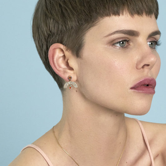 Sweet Baby James Earrings Erica Leal Jewellery Erica Leal Jewelry Modern inlay earrings Cream and Peach, On Model, contemporary jewelry